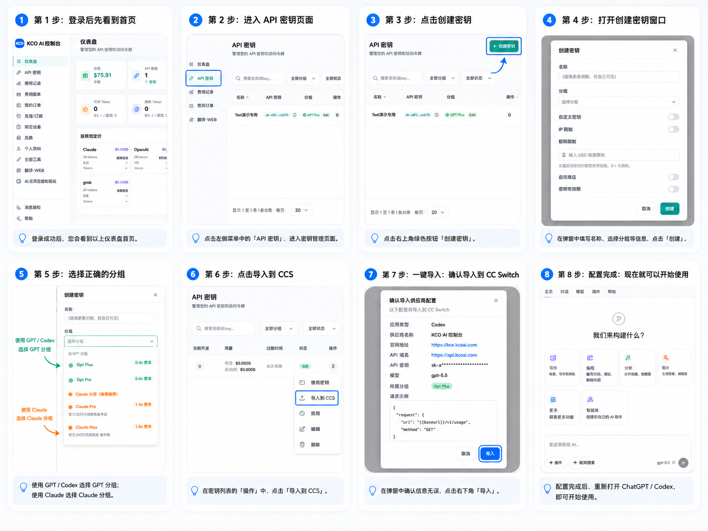 KCO AI GPT 和 Codex 从创建 API 密钥到导入 CC Switch 的完整 1 到 8 步教程